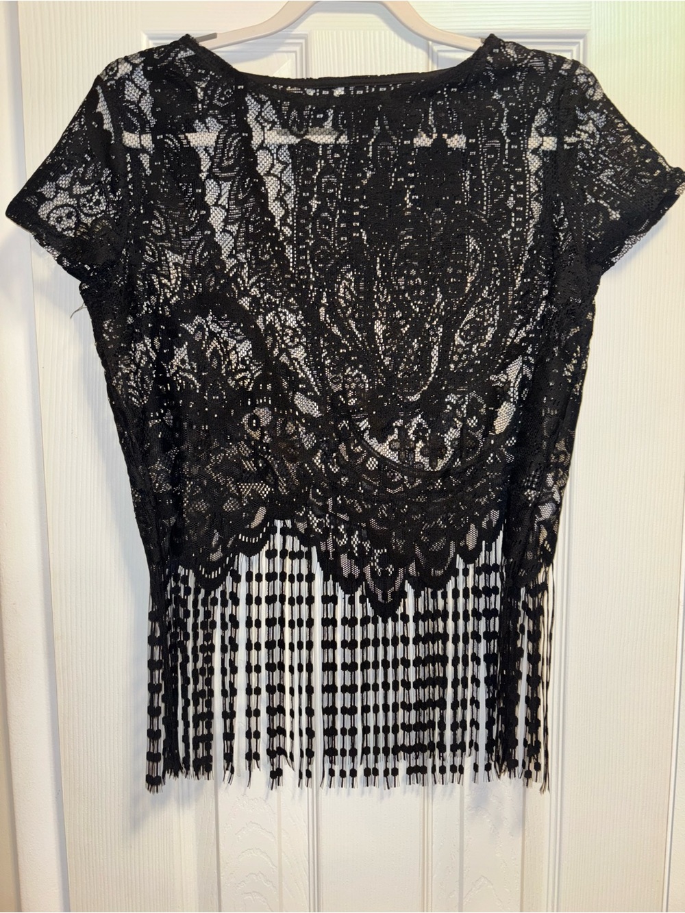 SHEIN Black Lace Fringe Crop Top